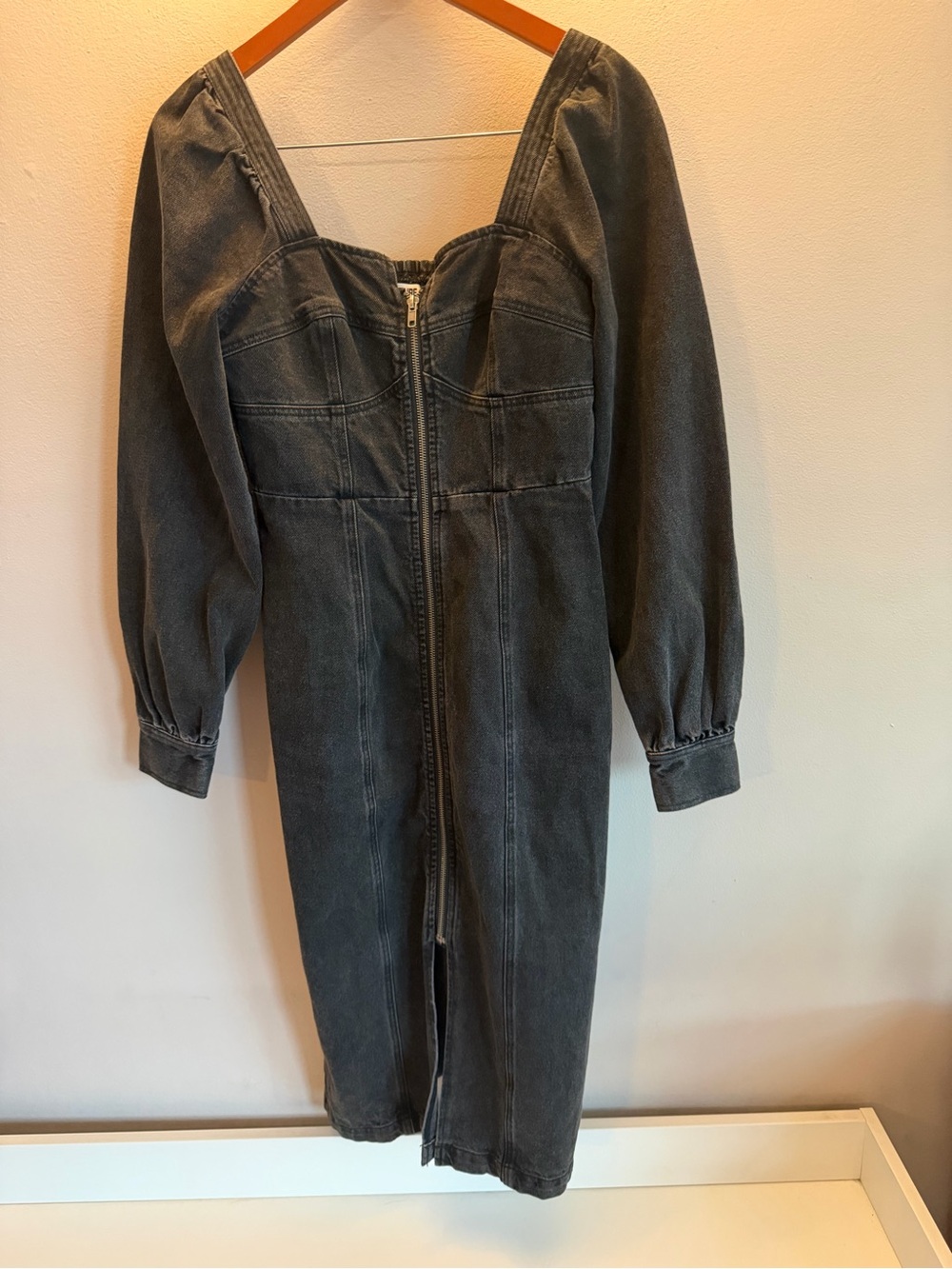 Future Collective Black Denim Zip Front Puff Sleeve Midi Dress Size 6